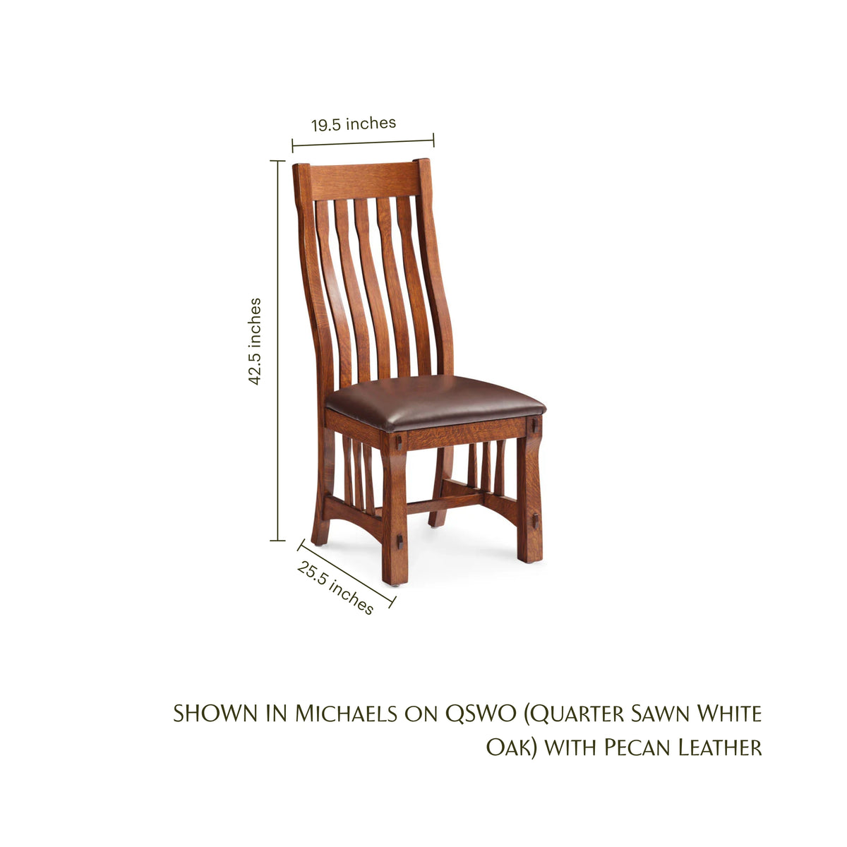MaRyan craftsman side chair in white oak with pecan leather seat and dimensions.