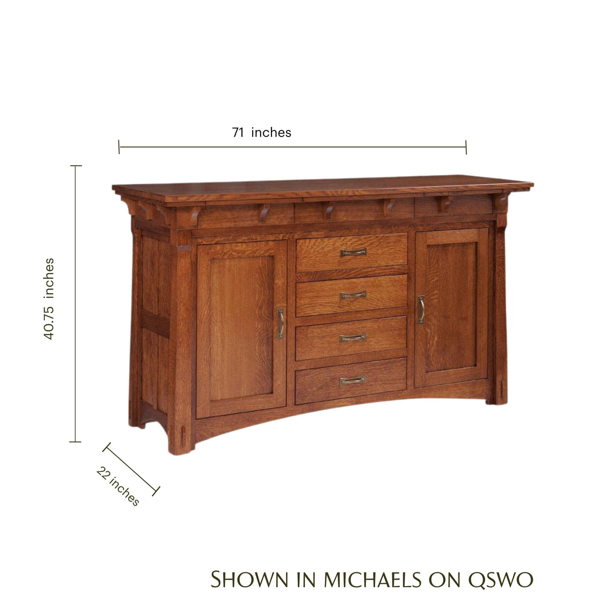 MaRyan Arts and Crafts style oak sideboard in bourbon stain with dimensions.