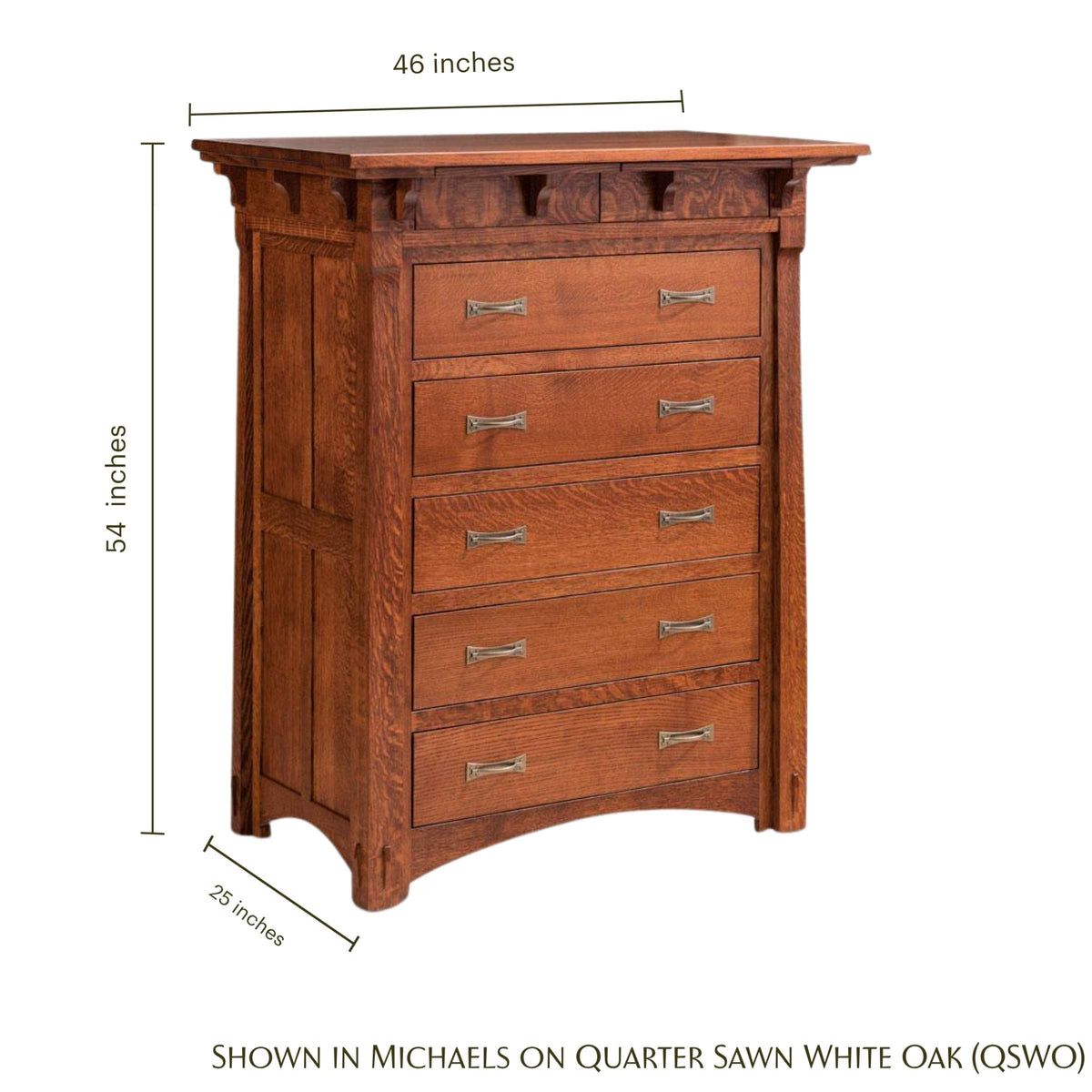 MaRyan 5-drawer chest in Michaels on quarter sawn white oak with dimensions.