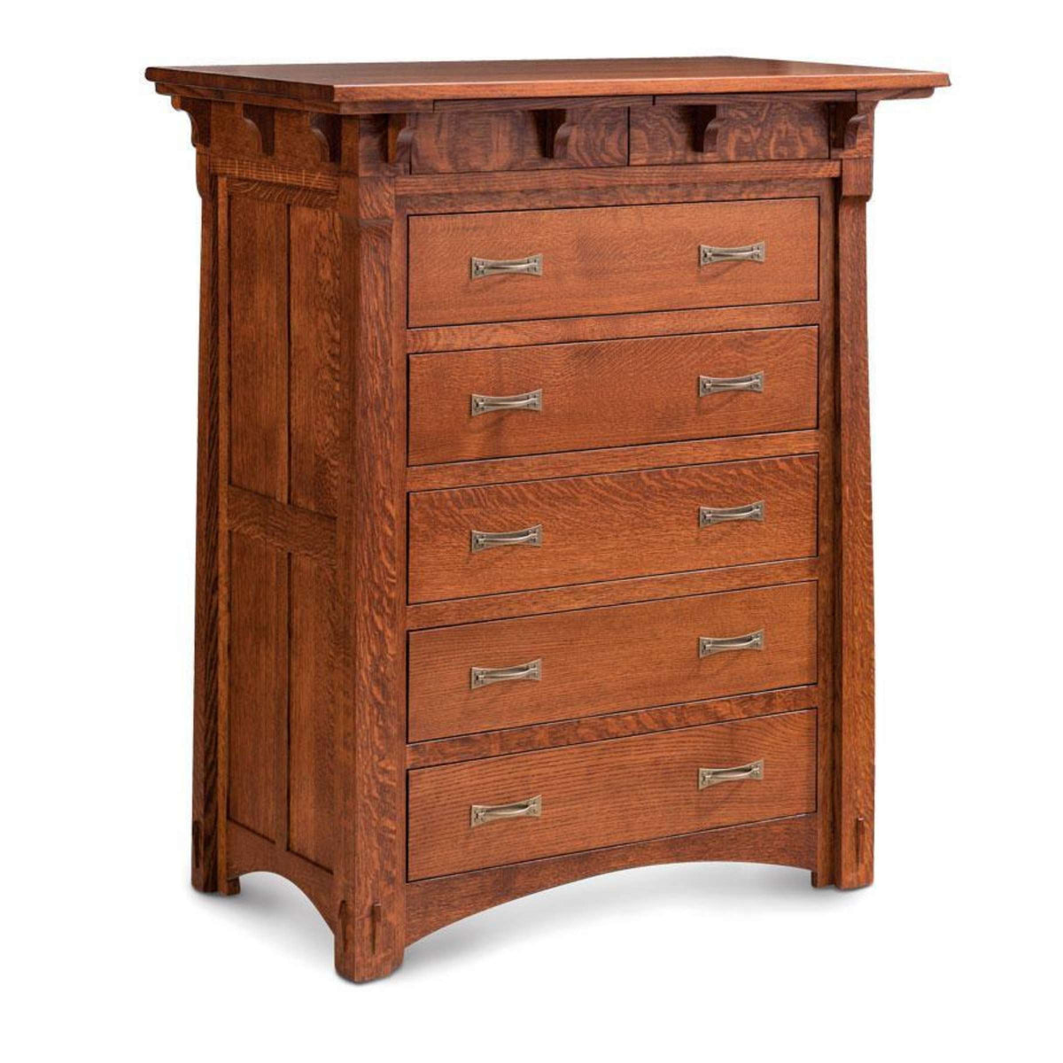 MaRyan 5-drawer chest in warm brown solid hardwood with Mission-style details and metal pulls.