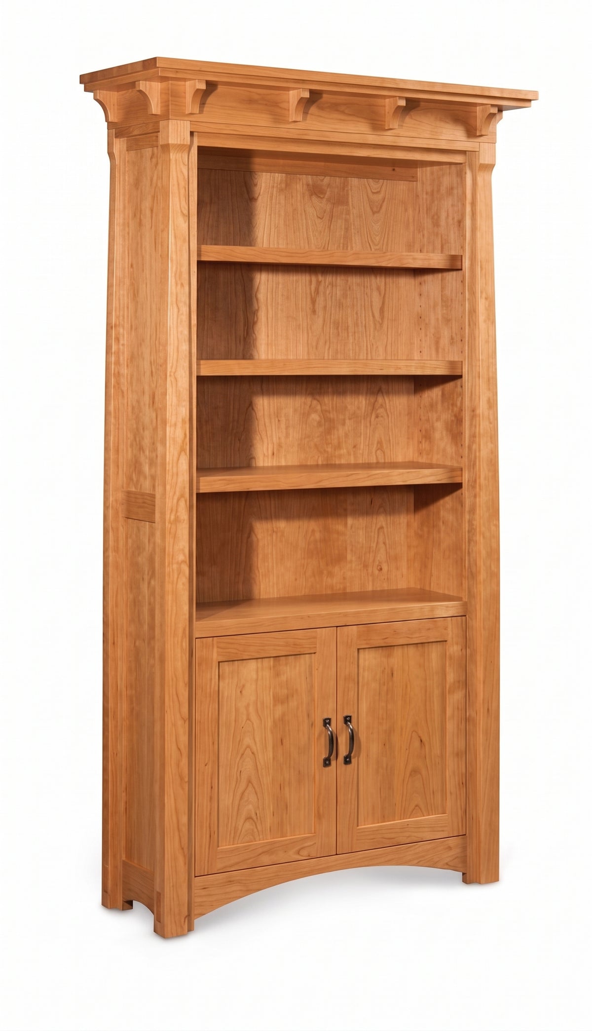 MaRyan solid wood bookcase with open shelves, lower cabinet doors, and decorative corbels.