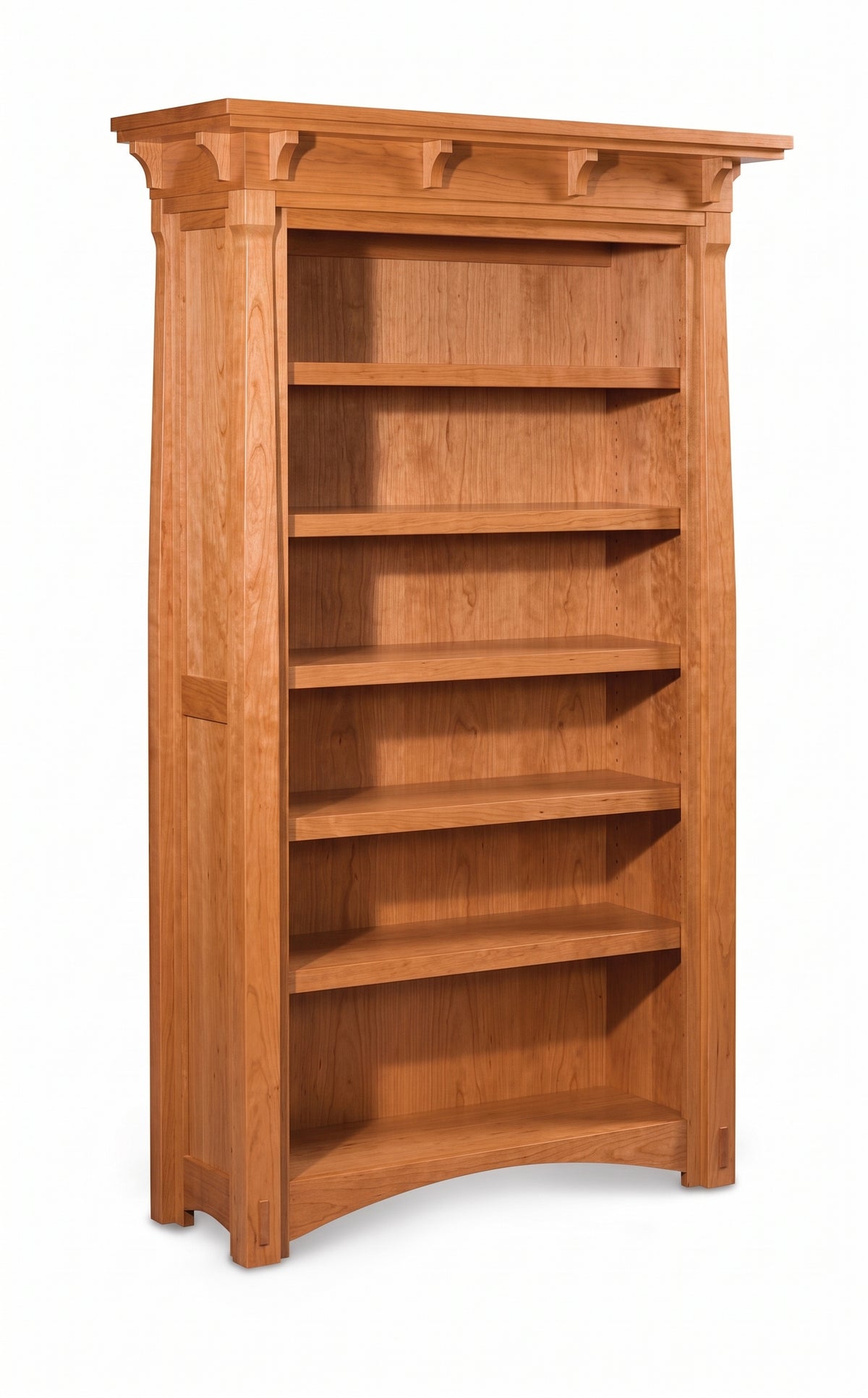 MaRyan solid wood bookcase with open shelves, decorative corbels, and a warm natural finish.