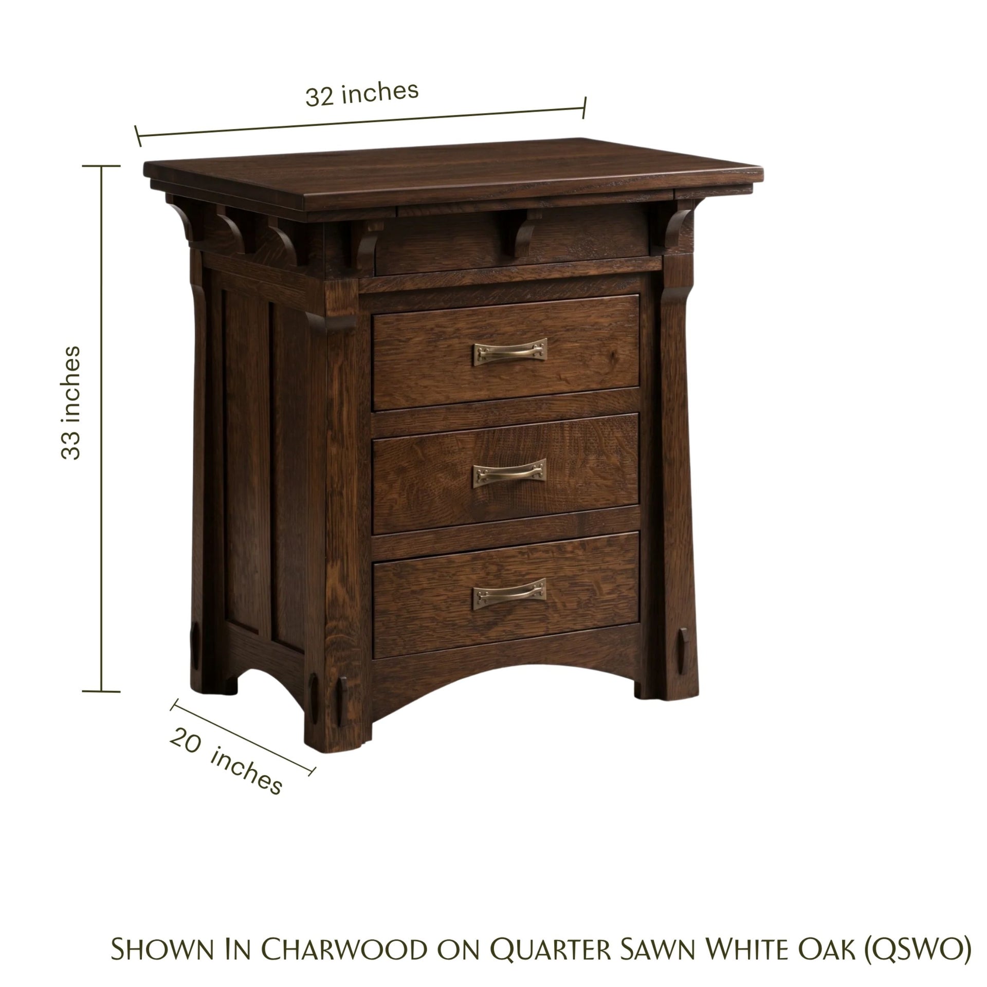 MaRyan Deluxe dark oak nightstand with three drawers and dimensions.