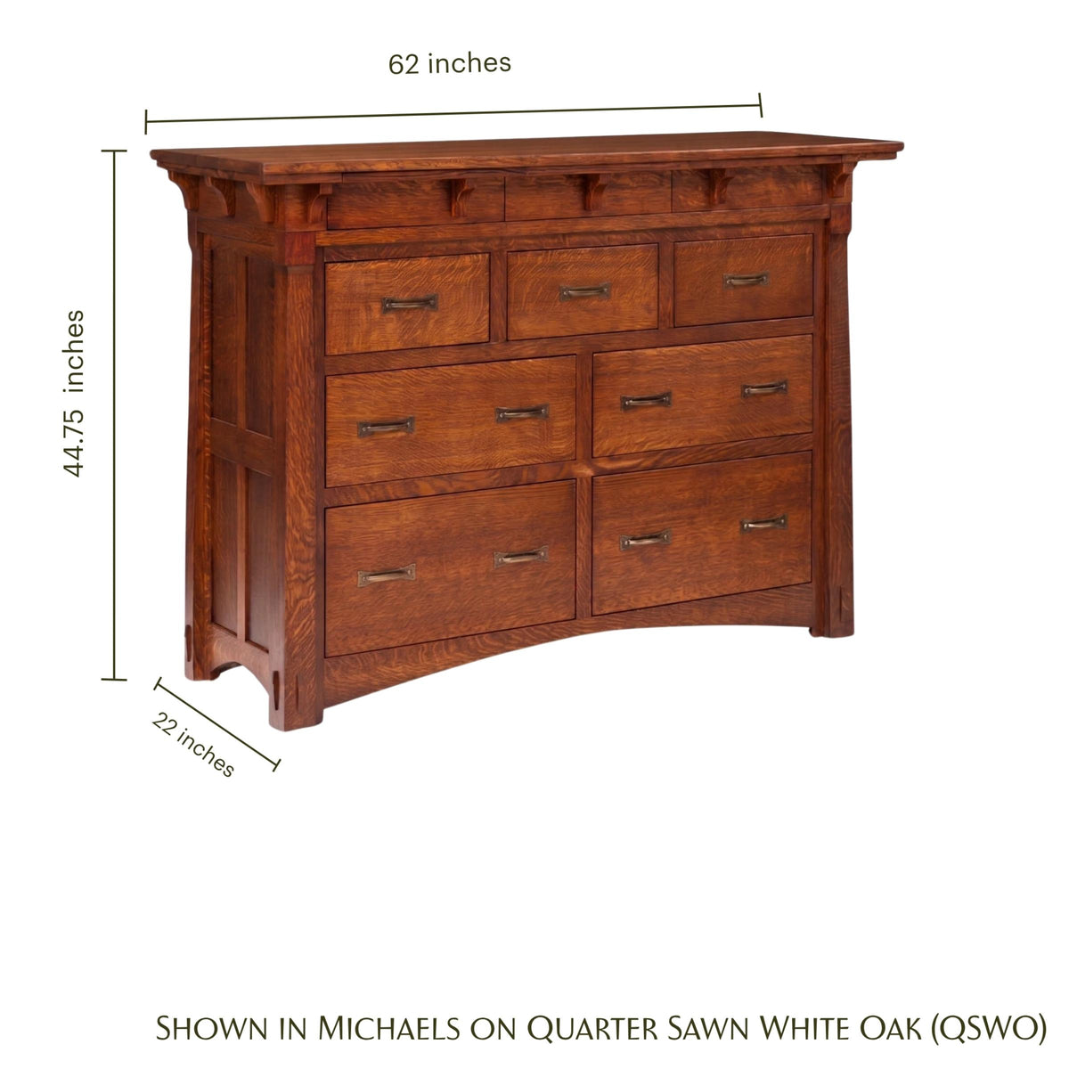 MaRyan Mule Chest in Michaels on Quarter Sawn White Oak with dimensions shown