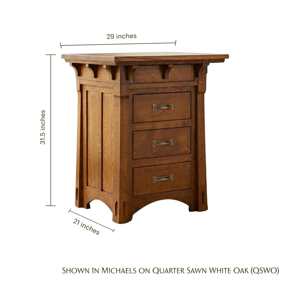 MaRyan oak nightstand with dimensions 29"W x 21"D x 31.5"H and three drawers