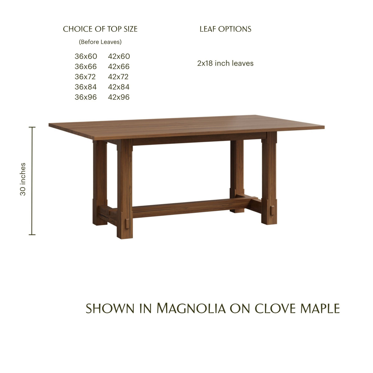 Magnolia trestle dining table in clove maple wood with size options.