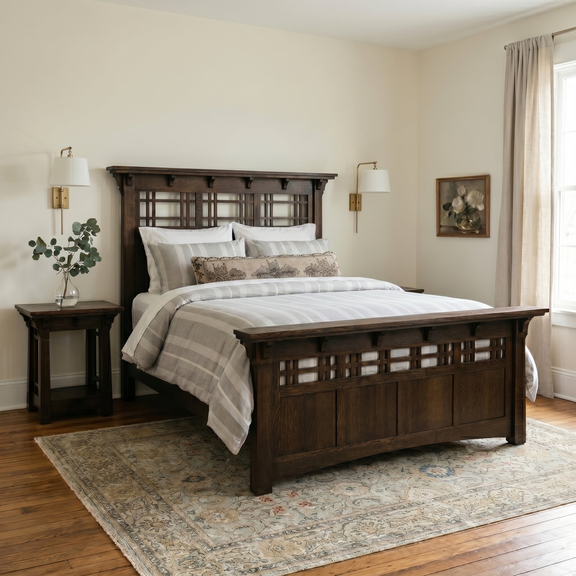 MaKayla dark wood nightstand table next to a matching mission-style bed.