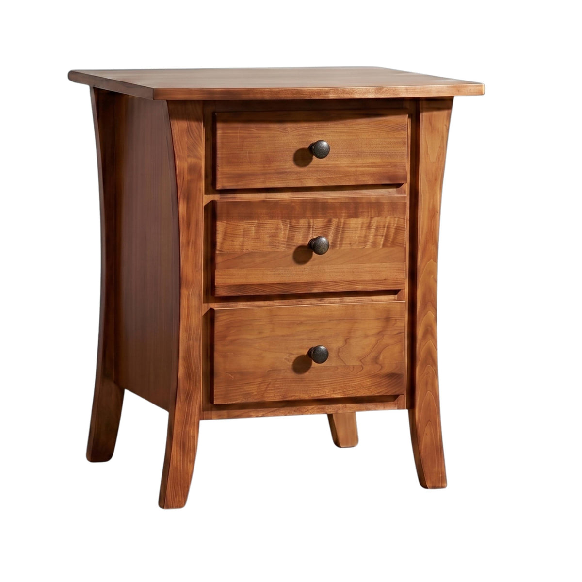 Manhattan solid maple nursery nightstand with three drawers and wrought iron hardware.