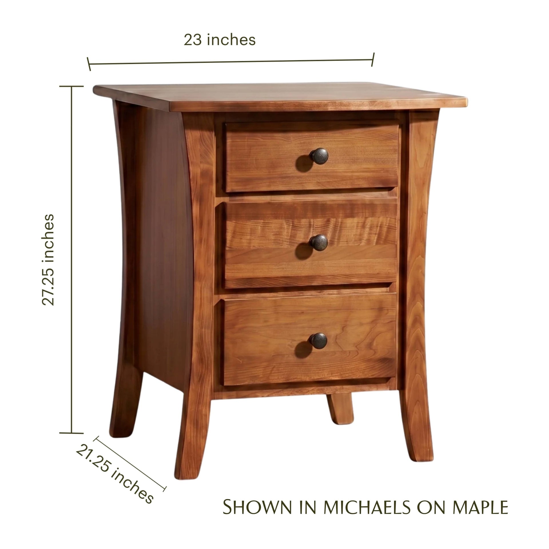 Manhattan maple wood nursery nightstand with three drawers and dimensions shown