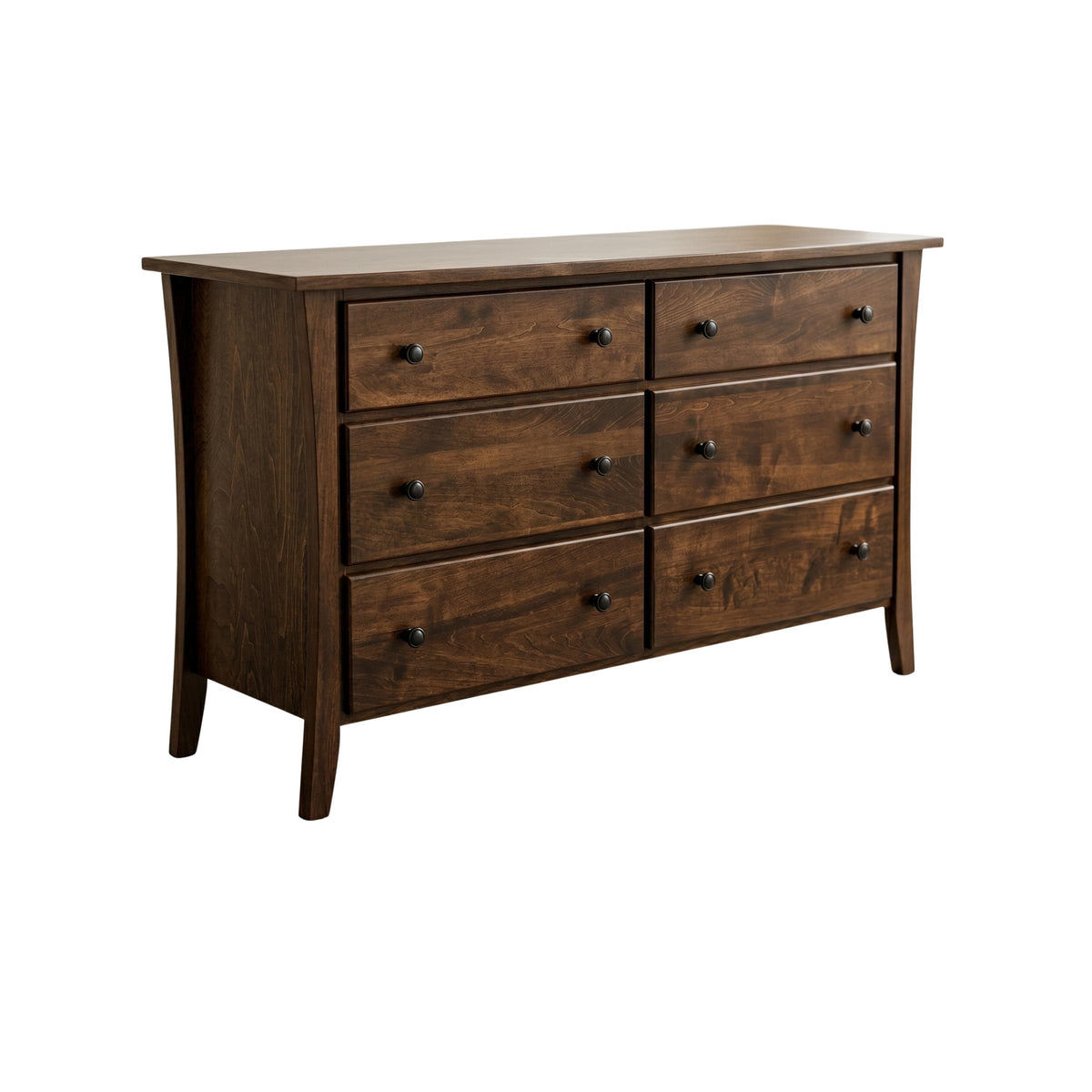 Manhattan 6-drawer nursery dresser in dark brown solid maple wood with black knobs.