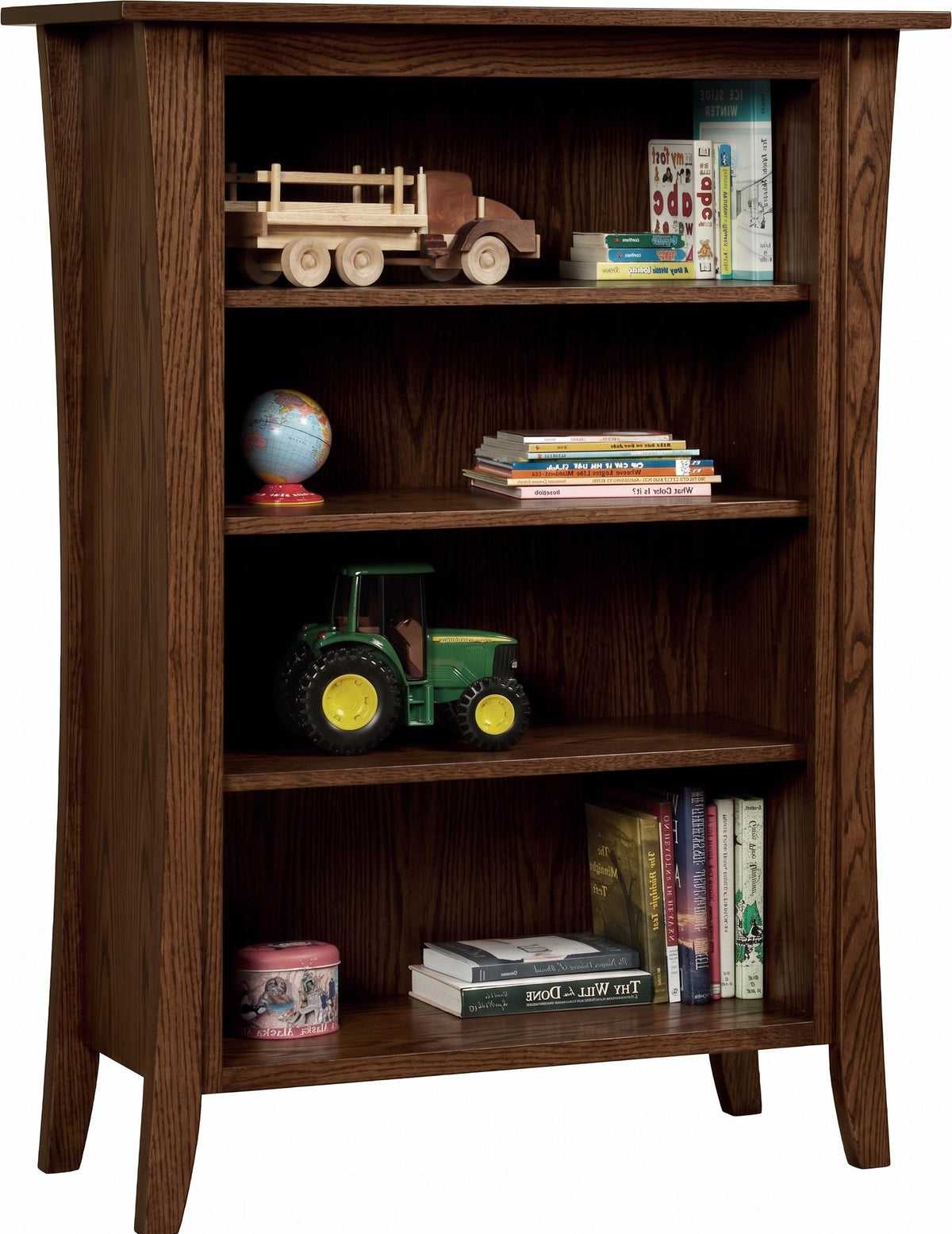 Manhattan dark brown hardwood nursery bookcase with four shelves holding books and toys.