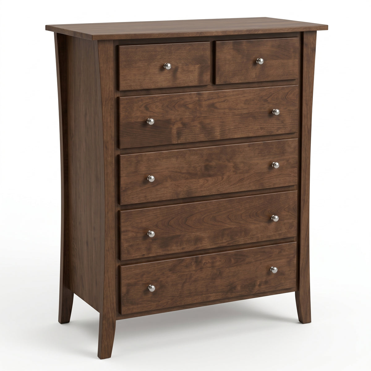 Manhattan 6-drawer nursery chest in dark brown solid hardwood with silver knobs.