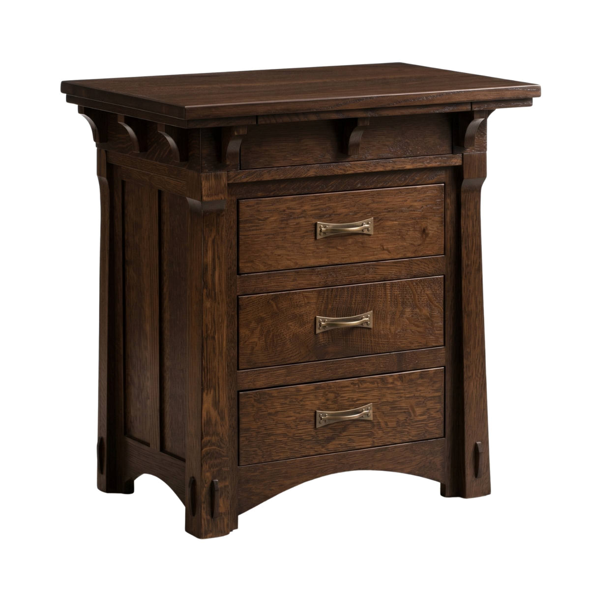 MaRyan Deluxe dark brown solid wood nightstand with three drawers and brass handles.
