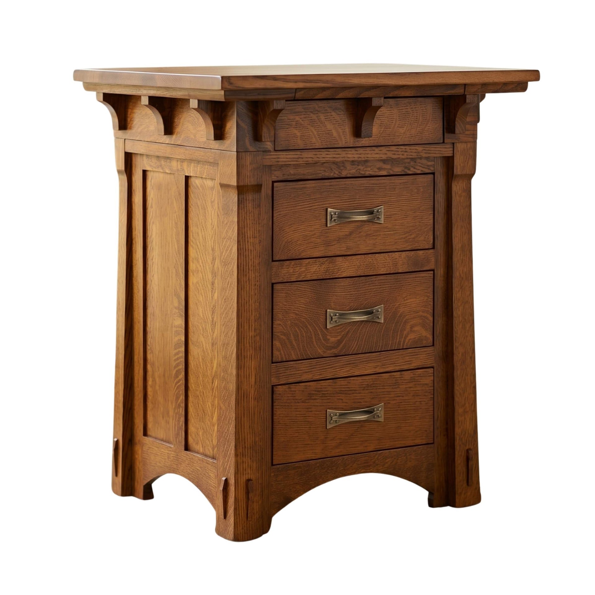 MaRyan Amish-style solid oak nightstand with three drawers and brass handles.