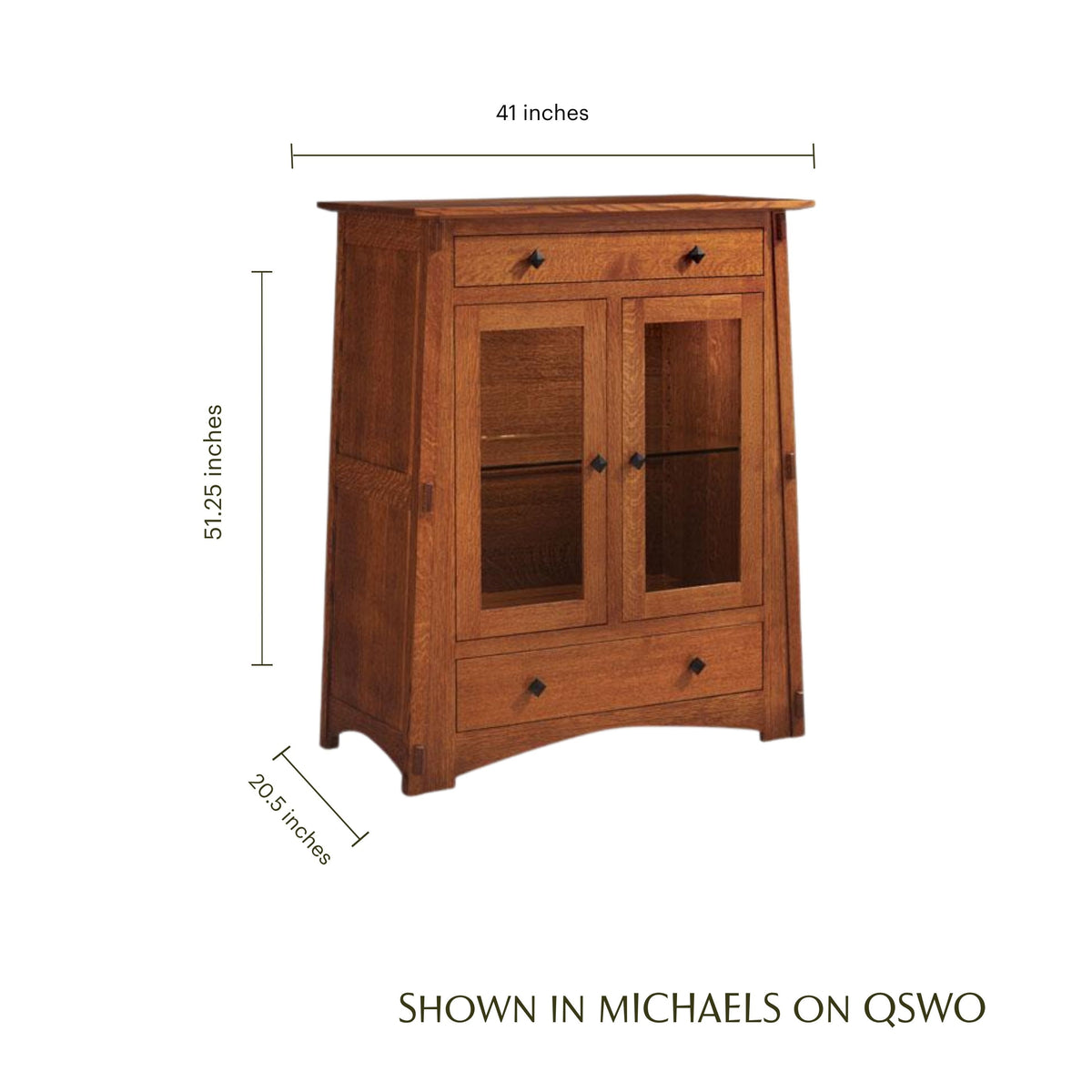 McCoy 2-door oak console cabinet with dimensions: 41" W x 51.25" H x 20.5" D.