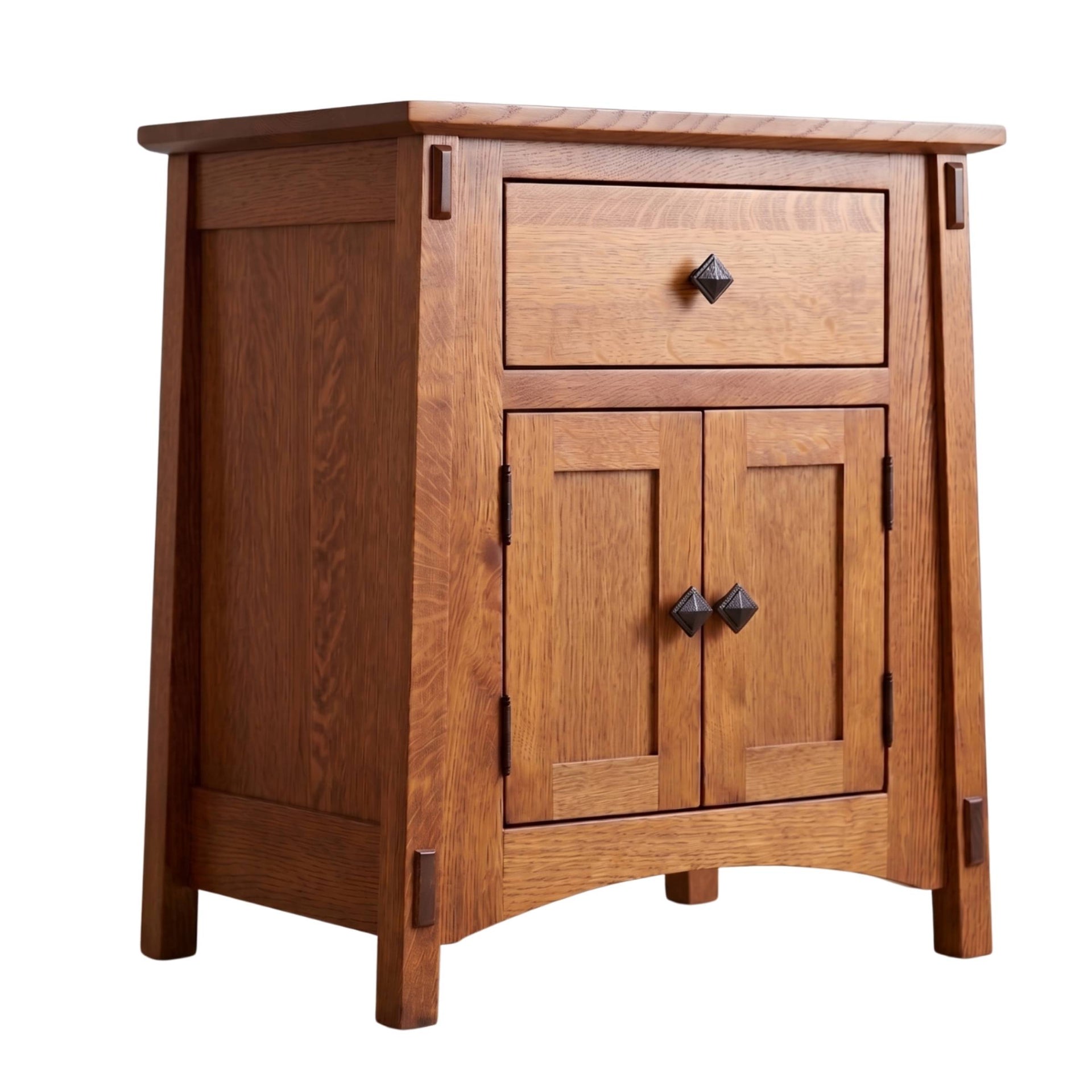 McCoy solid oak 2-door nightstand with a top drawer and dark metal hardware.