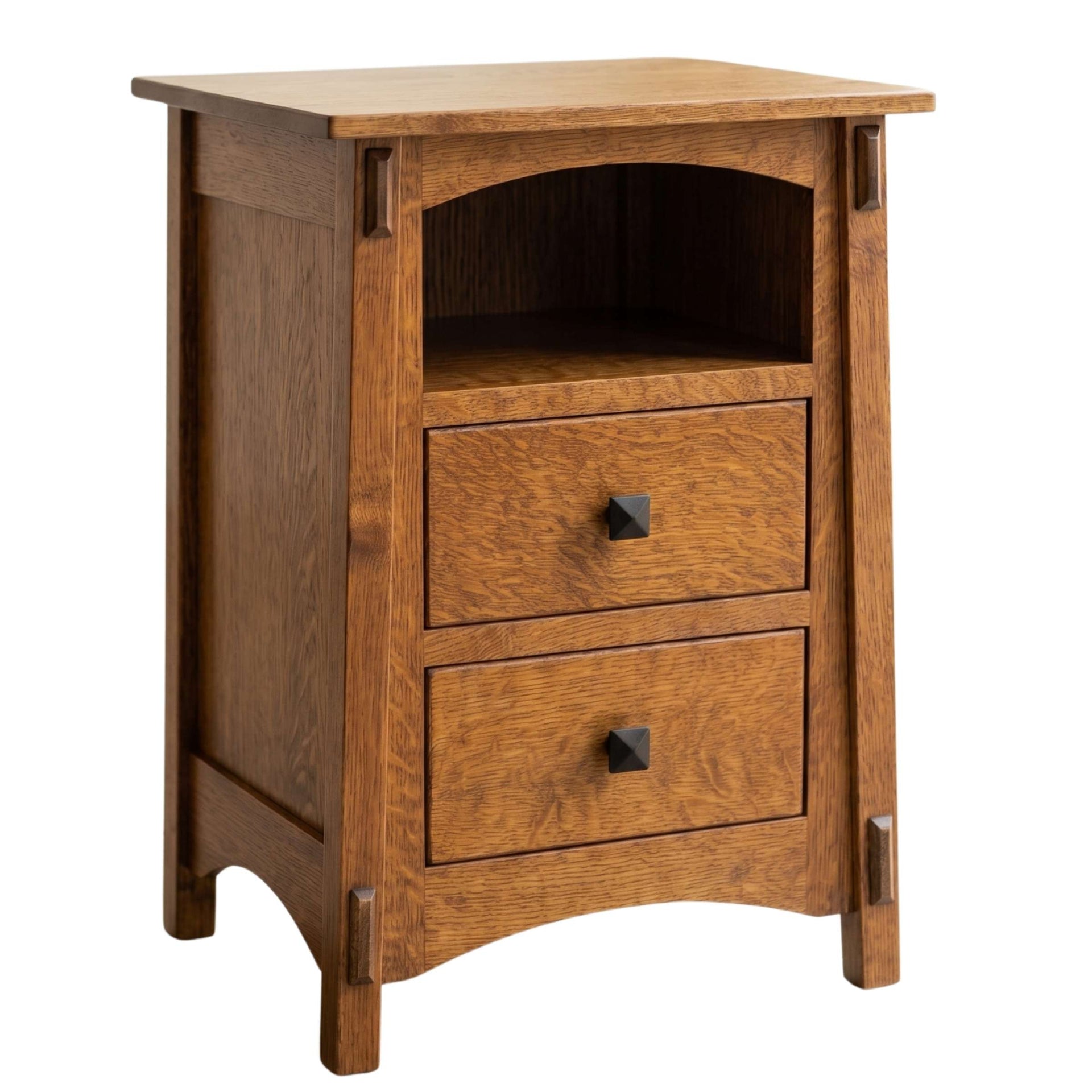 McCoy solid oak nightstand with two drawers, open shelf, and dark square knobs.