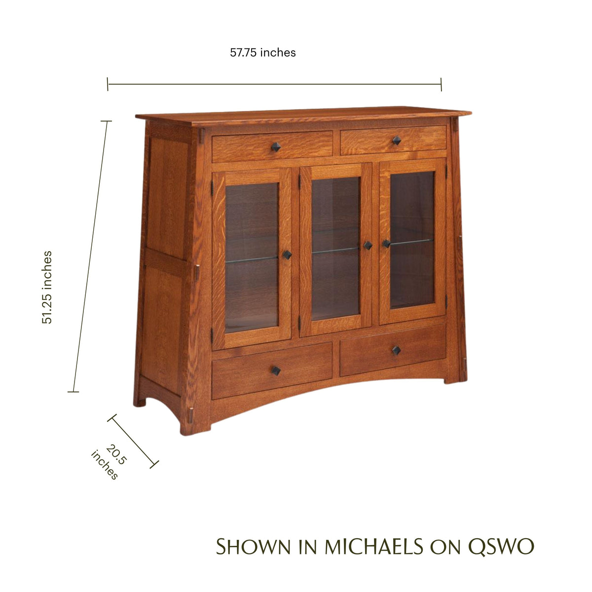 McCoy 3-door oak console cabinet with glass doors and dimensions shown in Michaels on QSWO finish