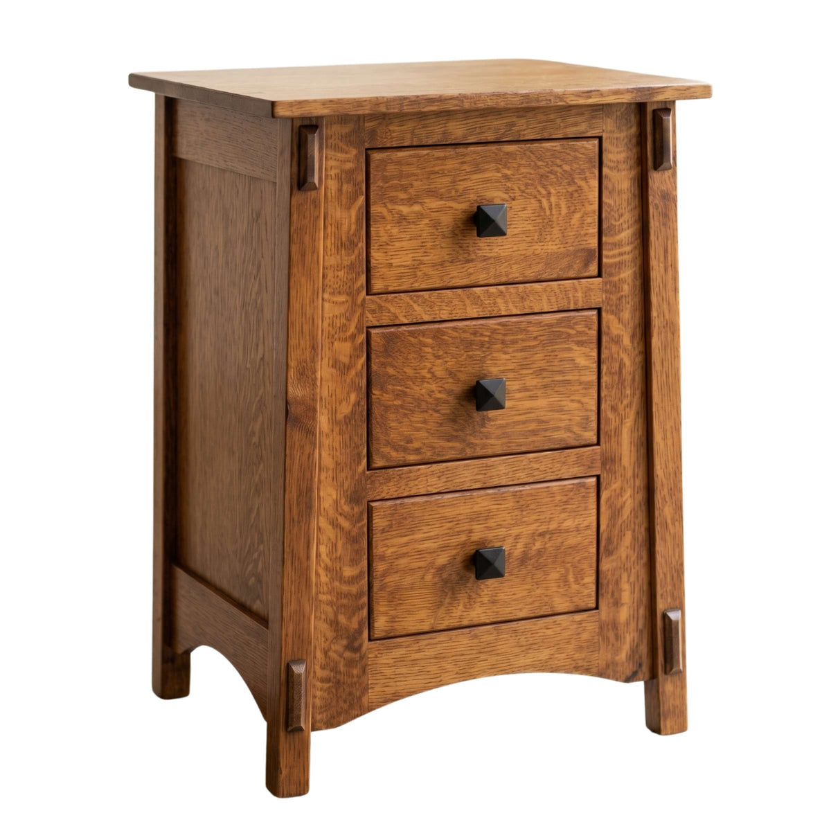 McCoy 3-drawer nightstand in warm oak wood with black square knobs and Mission-style details.