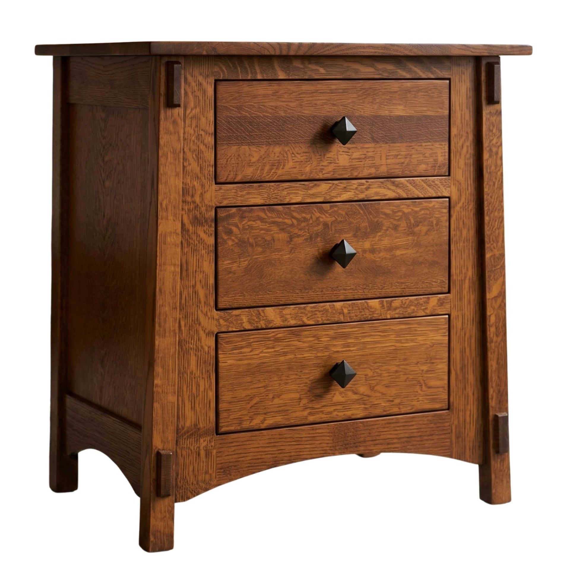 McCoy extra-wide 3-drawer solid oak nightstand with black diamond knobs.