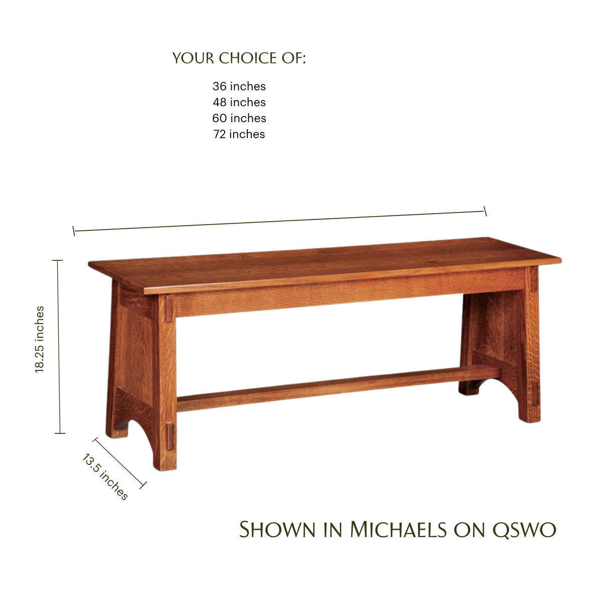 McCoy quarter sawn oak bench in Michaels finish with dimensions and size options
