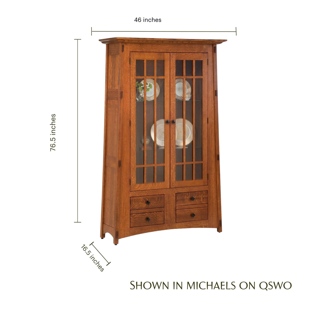 McCoy Craftsman oak bookcase with glass doors, drawers, and dimensions shown.