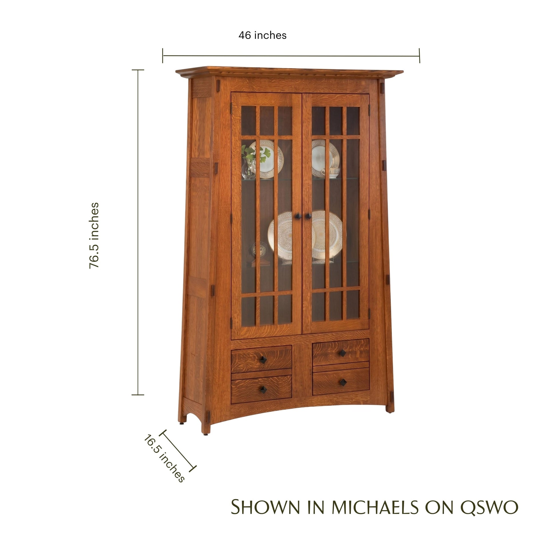McCoy Craftsman oak bookcase with glass doors, drawers, and dimensions shown.