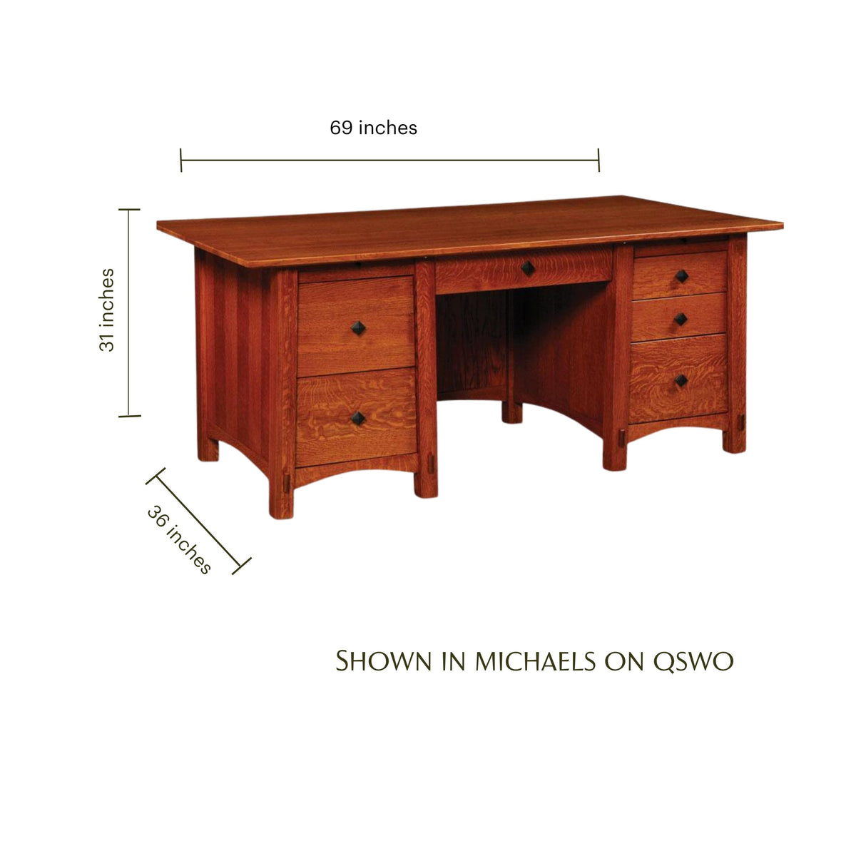 McCoy executive desk in warm brown oak wood with dimensions of 69 by 36 by 31 inches