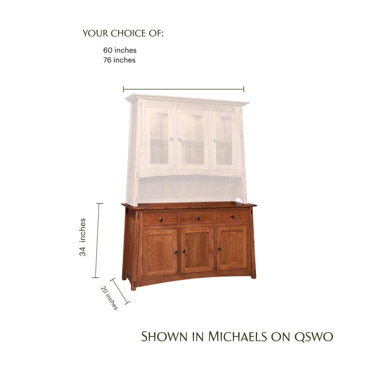 McCoy solid wood hutch base in Michaels on QSWO finish with dimensions shown.