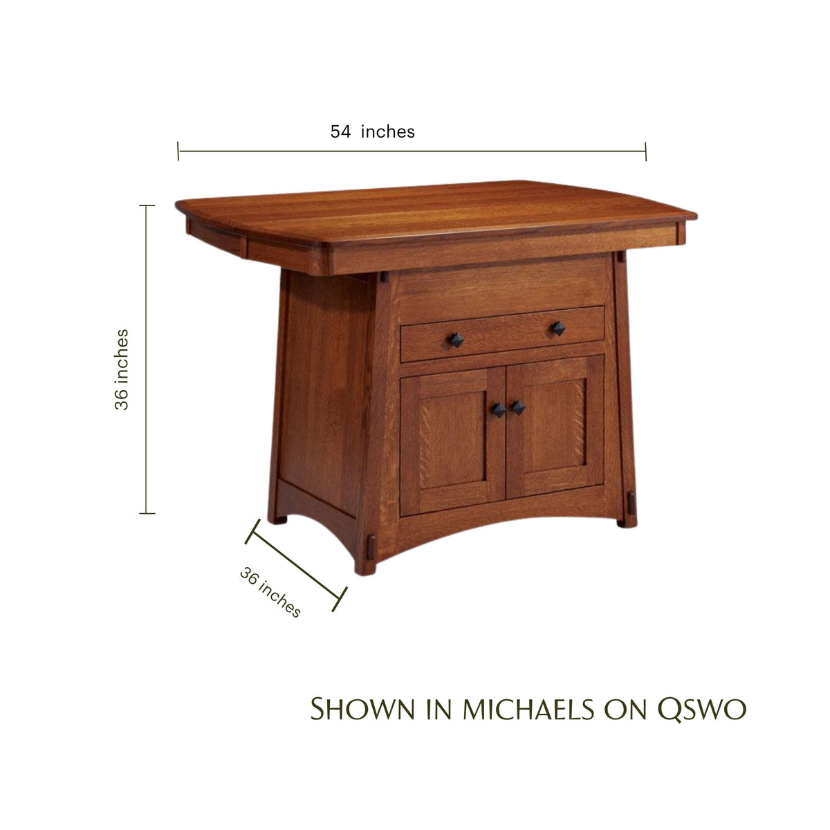 McCoy Amish kitchen island table in Michaels on QSWO wood with dimensions shown