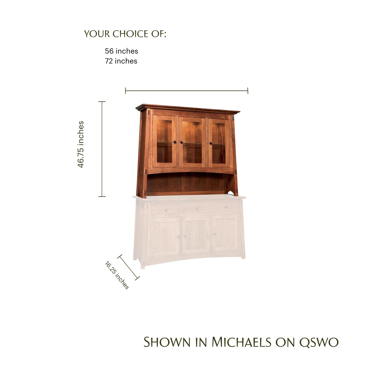 McCoy wooden hutch top with glass doors and dimensions shown in Michaels on QSWO.