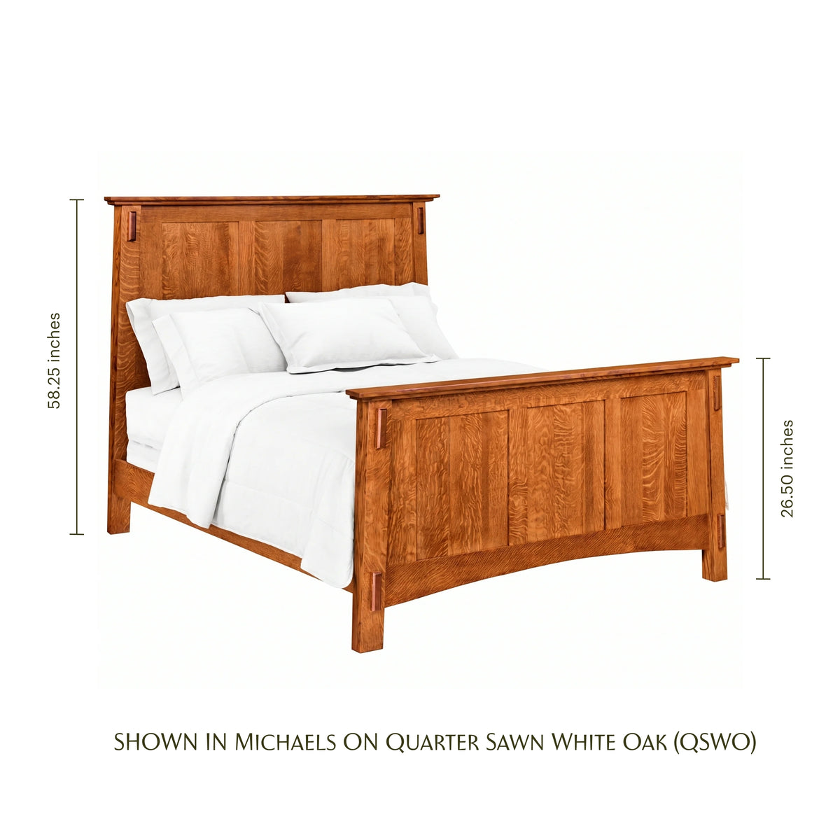 McCoy Panel Bed in Michaels on Quarter Sawn White Oak with white bedding and dimensions.