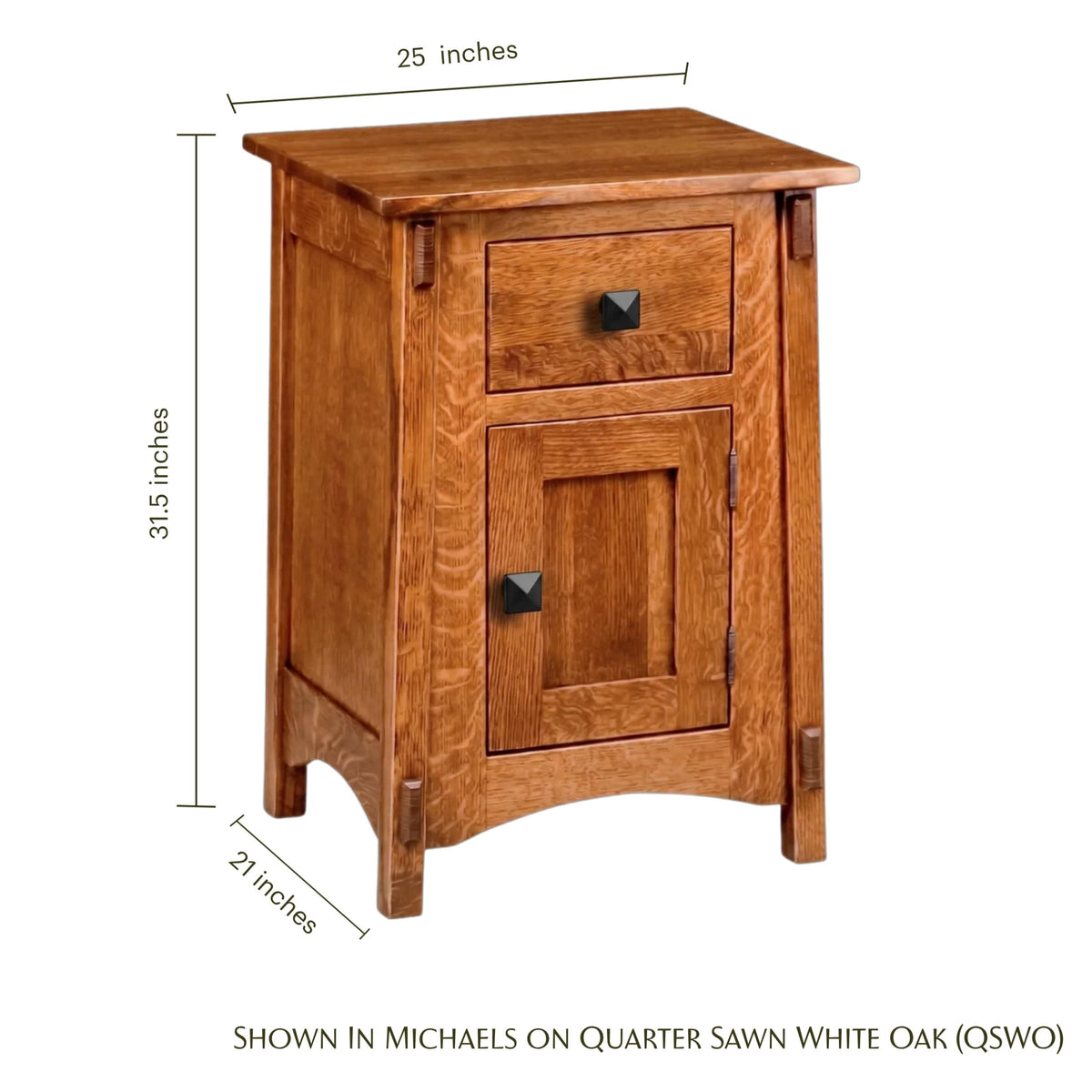 McCoy 1-door oak nightstand with dimensions, featuring a drawer, cabinet, and black hardware.