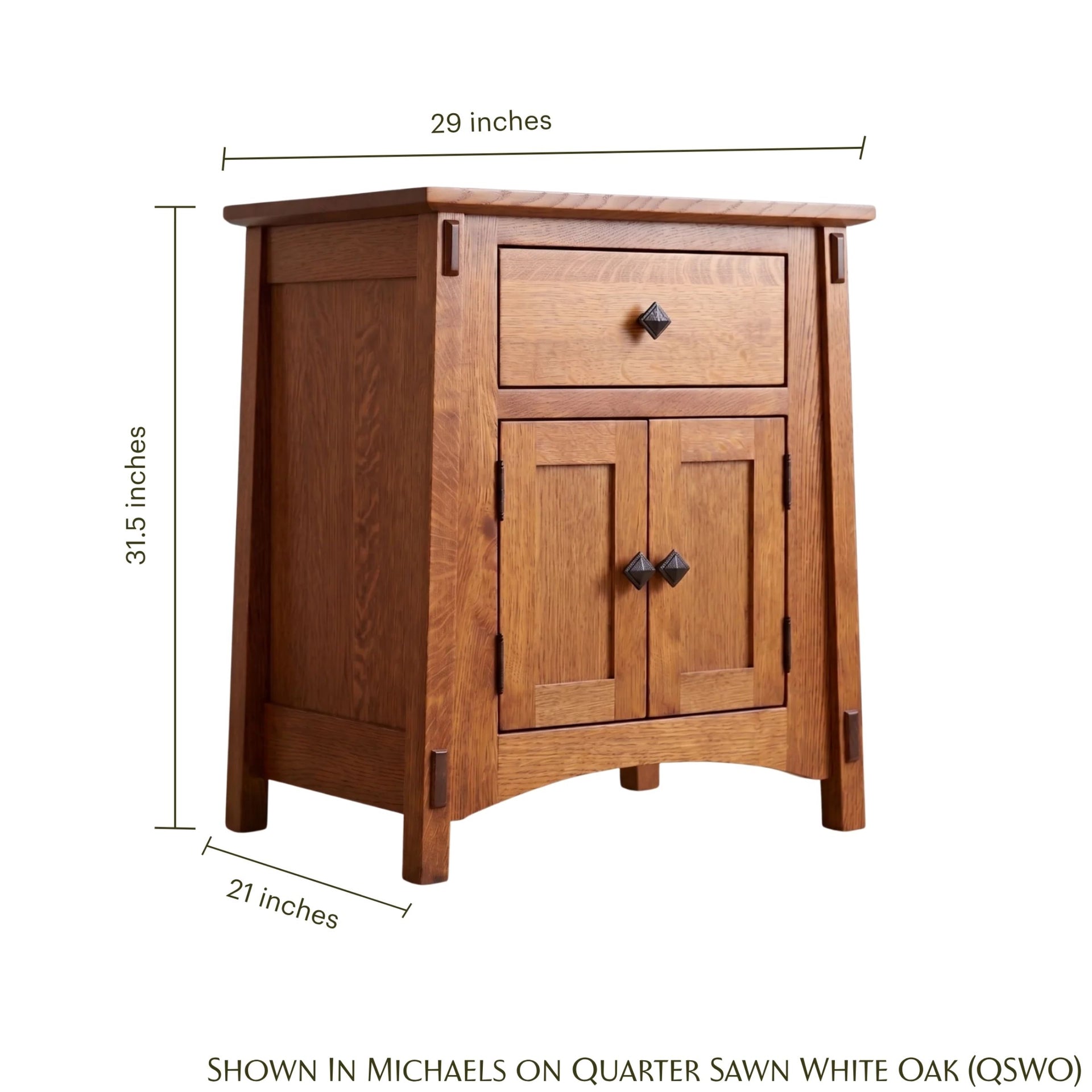 McCoy 2-door oak nightstand with dimensions: 29" W x 31.5" H x 21" D