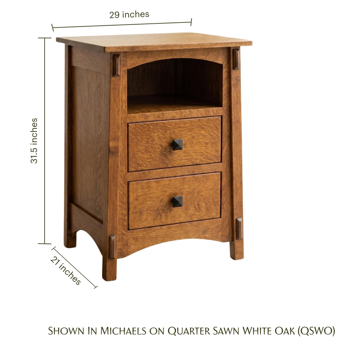 McCoy 2-drawer oak nightstand with open shelf and dimensions shown in Michaels finish