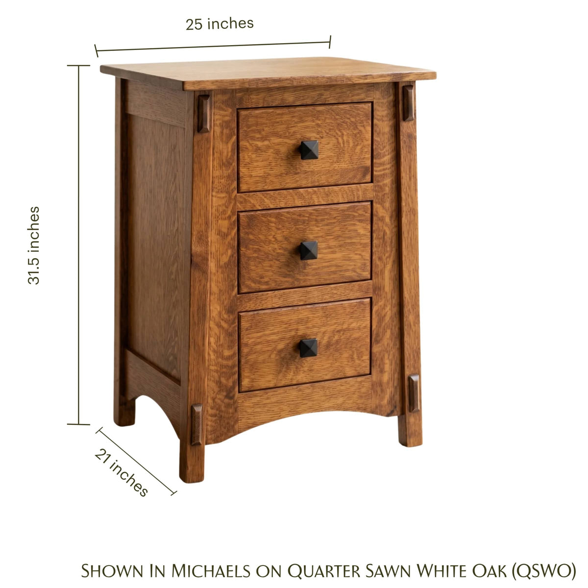 McCoy 3-drawer nightstand in quarter sawn white oak with dimensions.