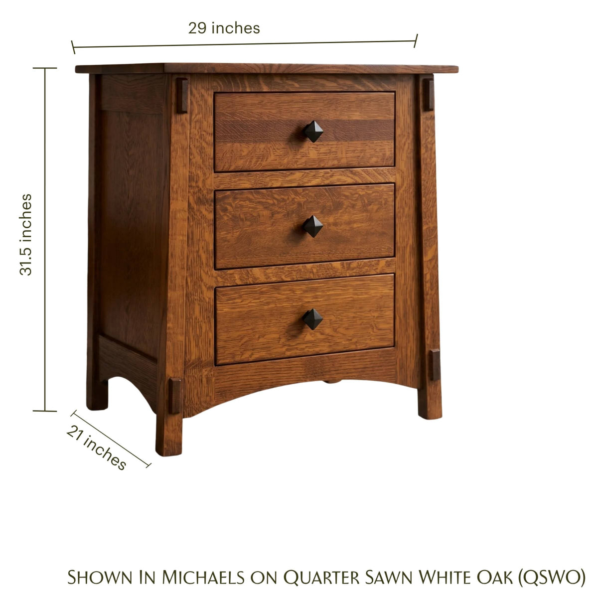 McCoy 3-drawer oak nightstand with dimensions: 29" wide, 31.5" high, 21" deep.