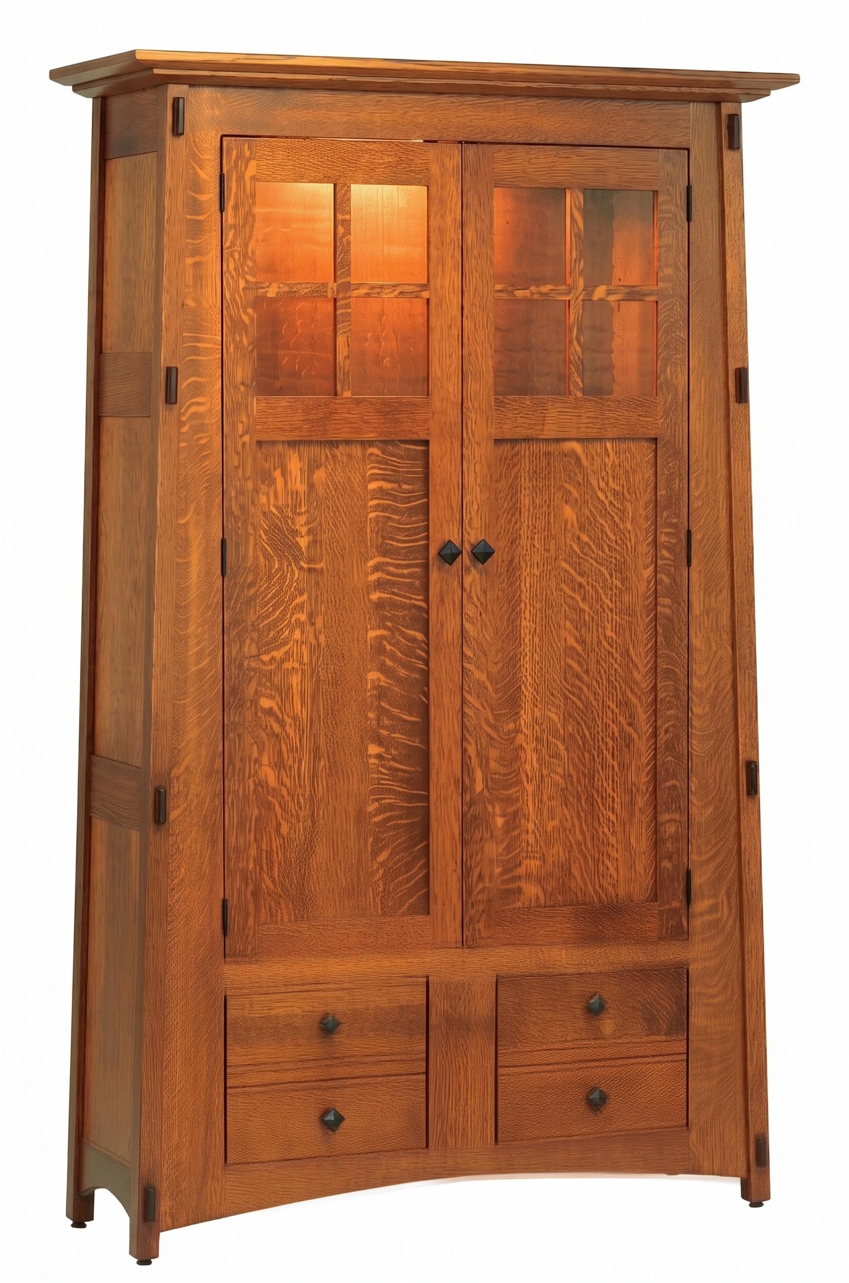 McCoy Craftsman oak bookcase with glass panel doors, interior lighting, and bottom drawers.