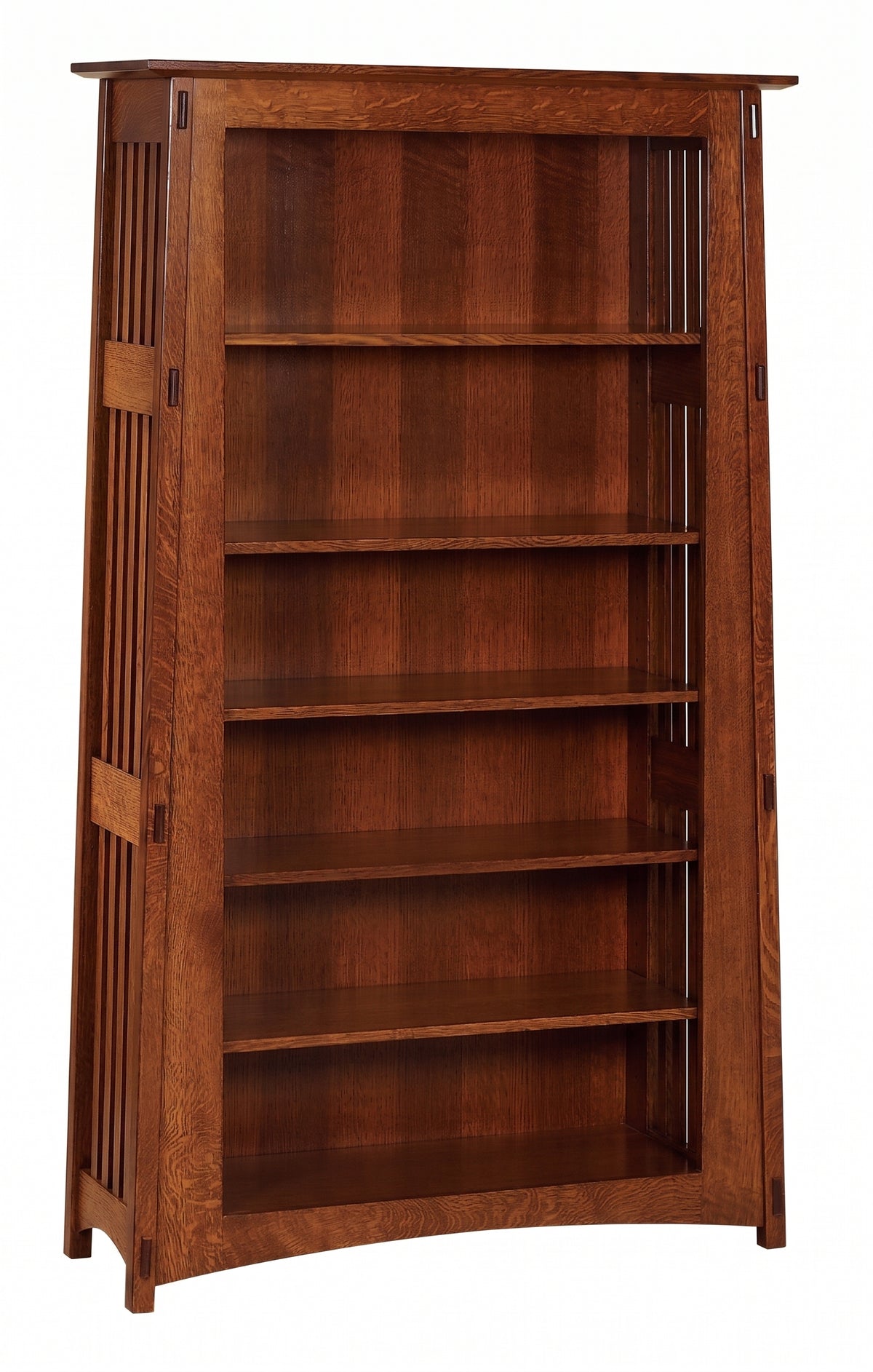 McCoy open craftsman bookcase in warm brown oak wood with five adjustable shelves and slatted sides.