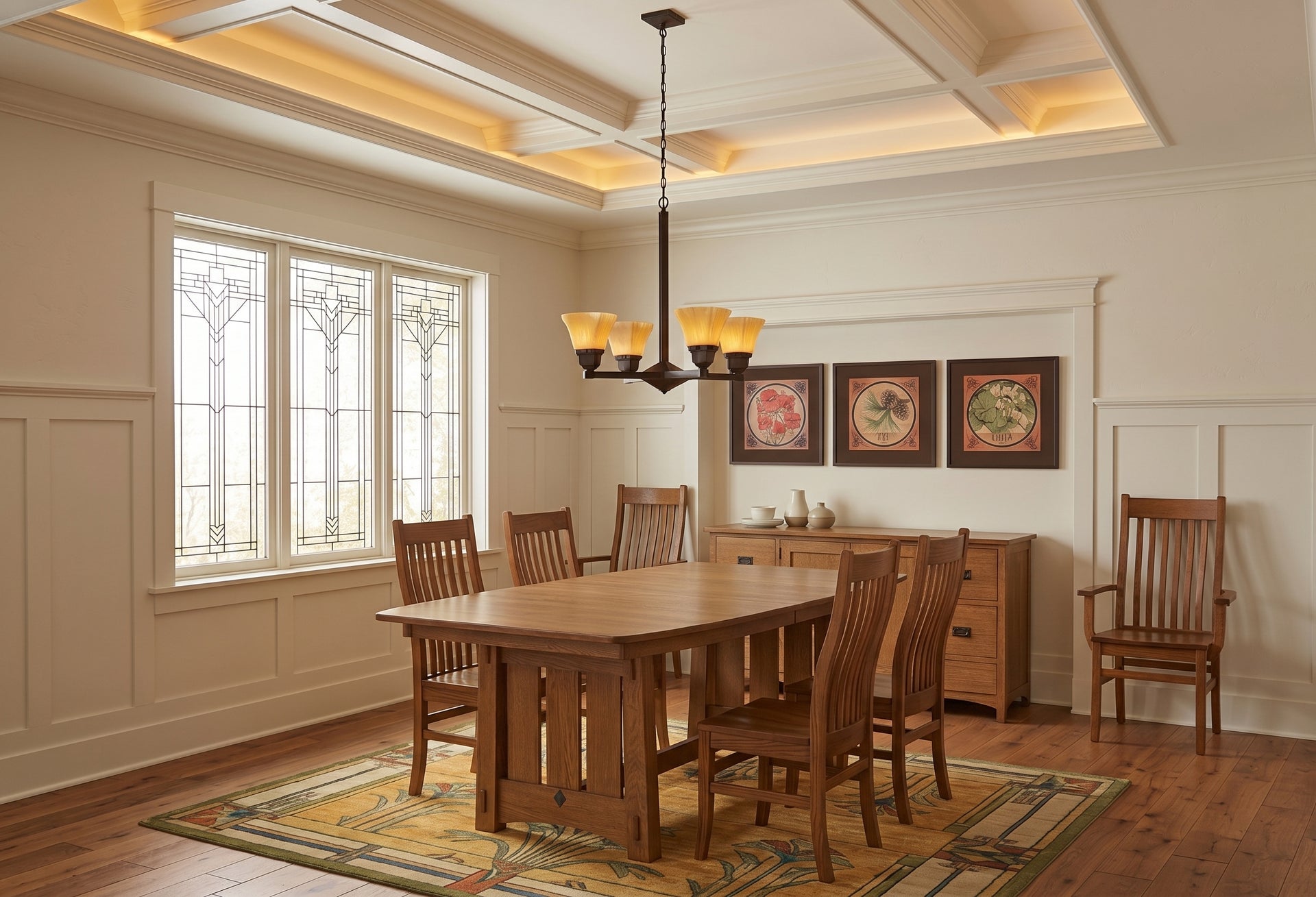McCoy solid oak trestle dining table with matching mission chairs in a craftsman style dining room.