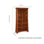 Mesa Ginkgo Inlay Bookcase in brown solid wood with dimensions and adjustable height.