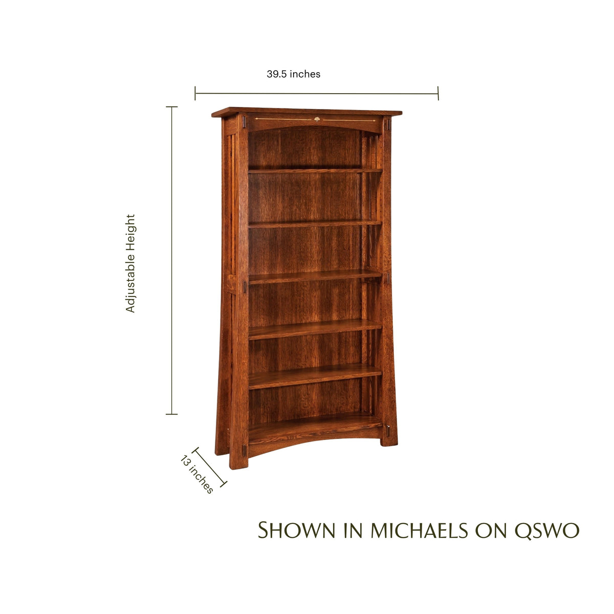 Mesa Ginkgo Inlay Bookcase in brown solid wood with dimensions and adjustable height.