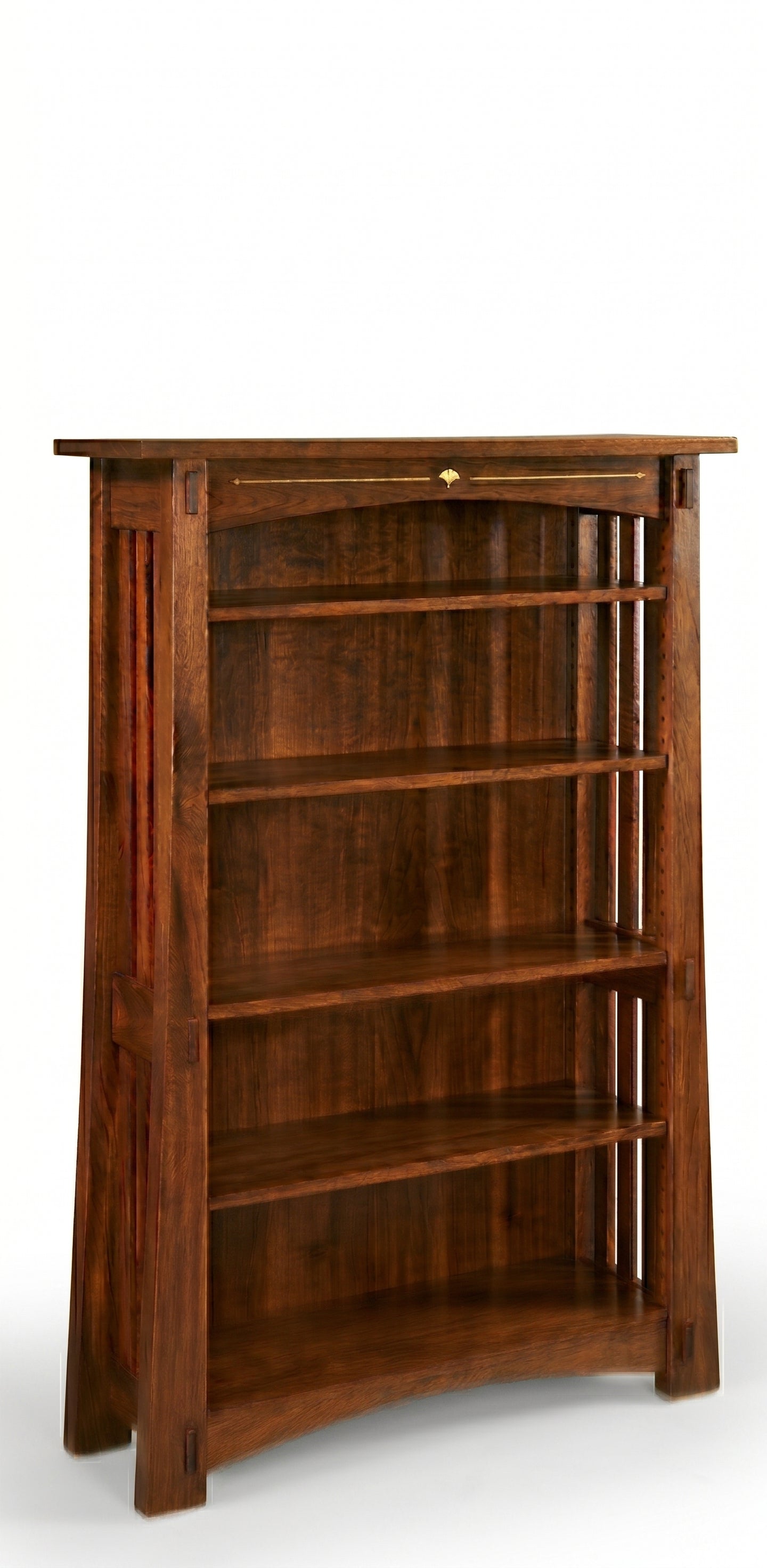 Mesa Ginkgo Inlay Bookcase in dark solid wood with five shelves and yellowheart inlay.