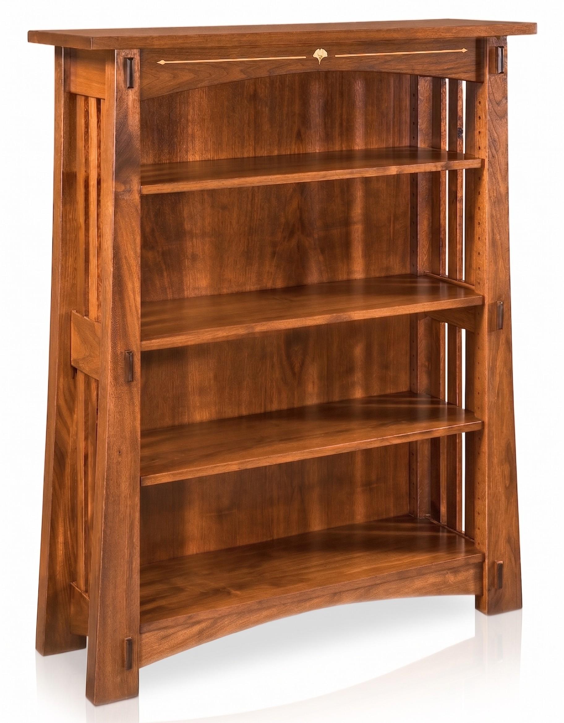 Mesa Ginkgo Inlay Bookcase in solid brown wood with yellowheart ginkgo leaf inlay.