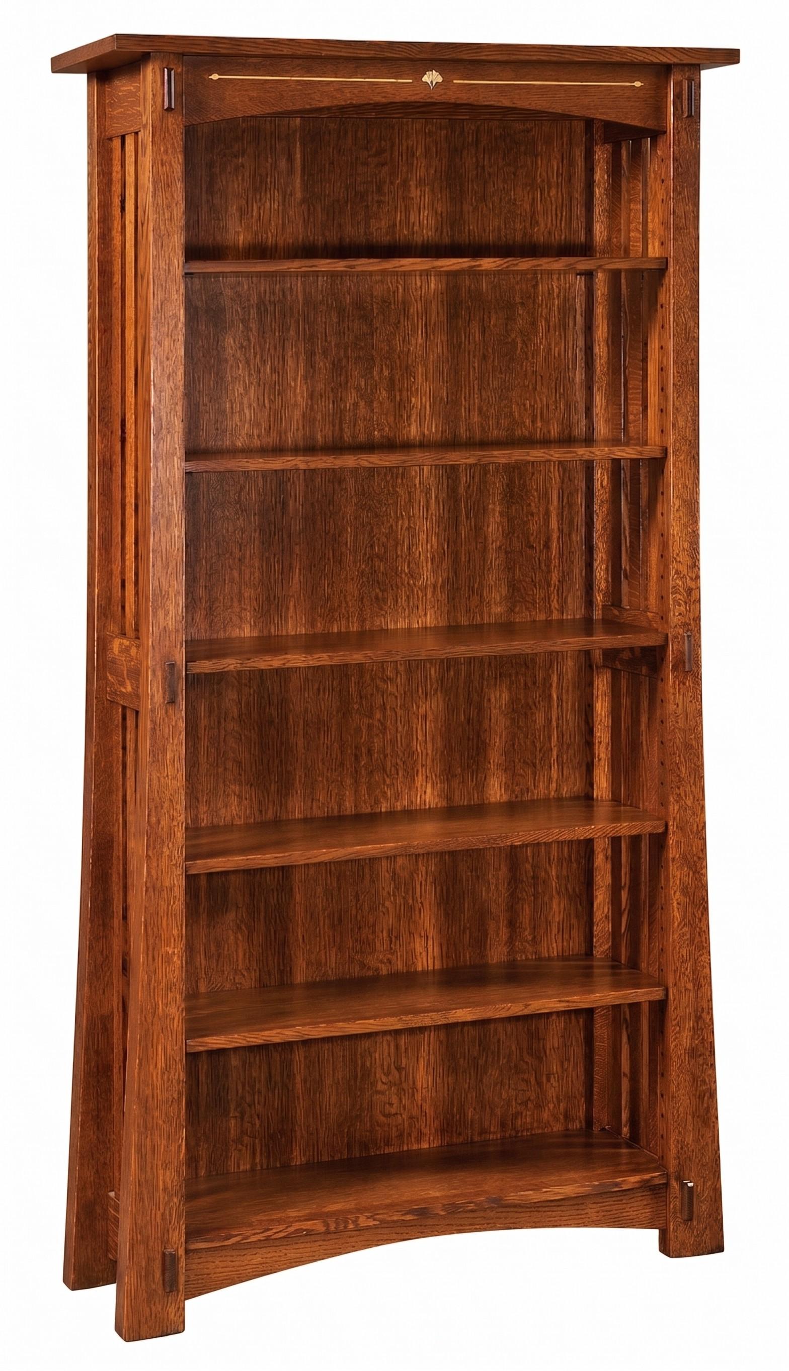Mesa Ginkgo Inlay Bookcase in warm brown solid wood with yellowheart ginkgo leaf inlay.
