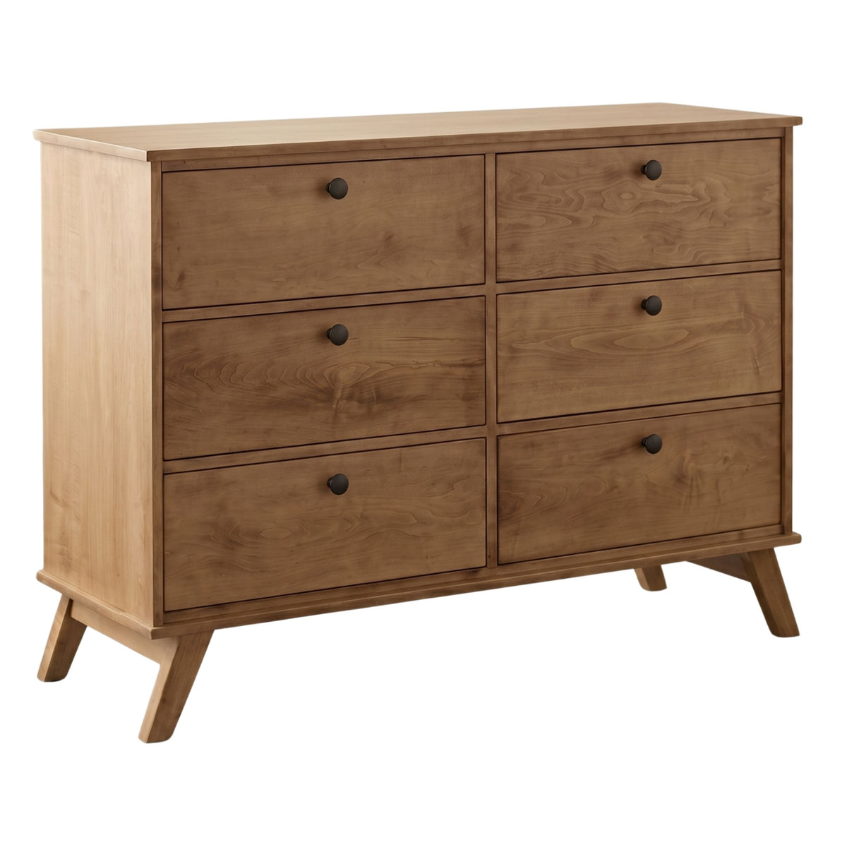 MidMod 6-drawer dresser in light brown solid wood with round black knobs and angled legs.