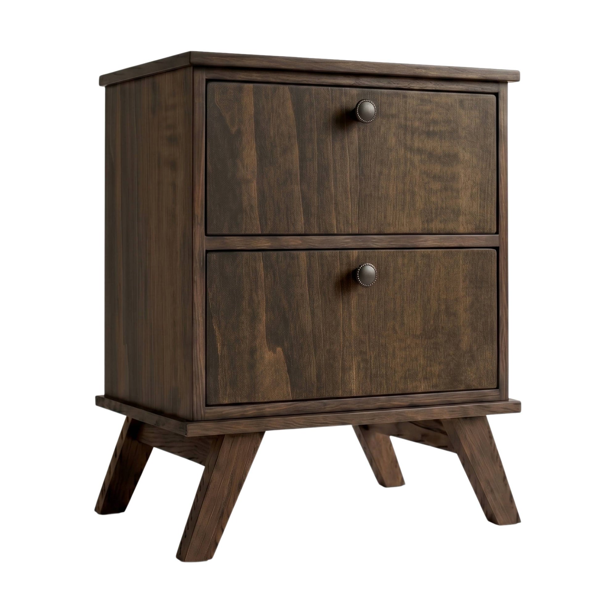 MidMod dark brown wood nightstand with two drawers and angled midcentury legs.