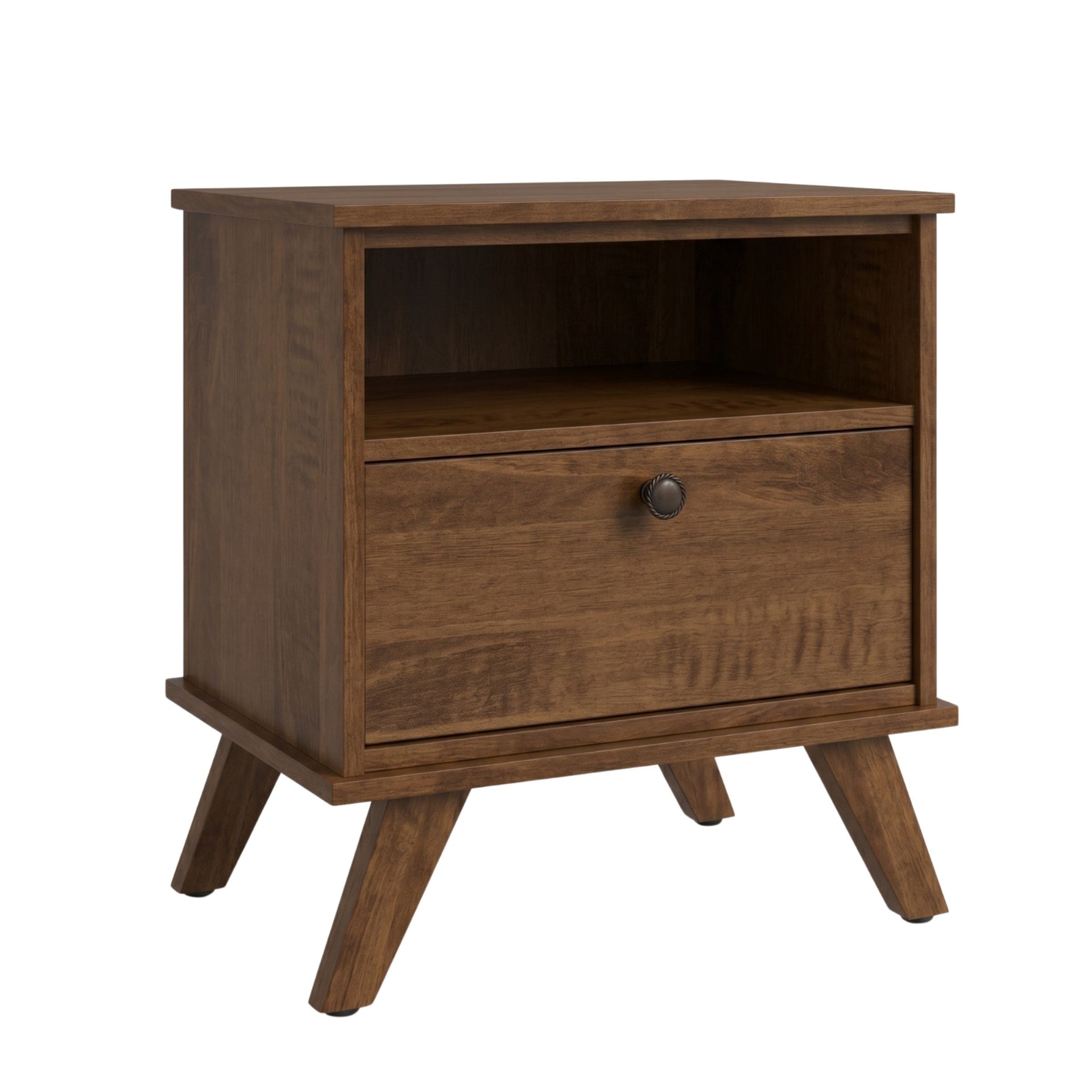 MidMod wooden nightstand in a warm brown finish with one drawer and an open shelf.