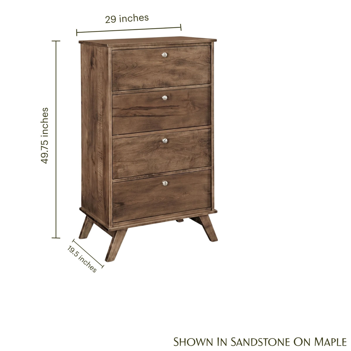 MidMod 4-drawer chest in sandstone on maple with dimensions shown.