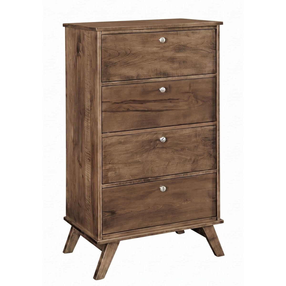 MidMod 4-drawer chest in brown solid hardwood with midcentury tapered legs.